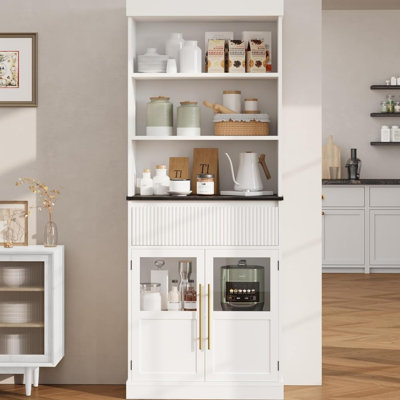 70" Kitchen Pantry Cabinet, Tall Storage Cabinets with Drawer & 2 Glass Doors and 3 Shelves by Winston Porter