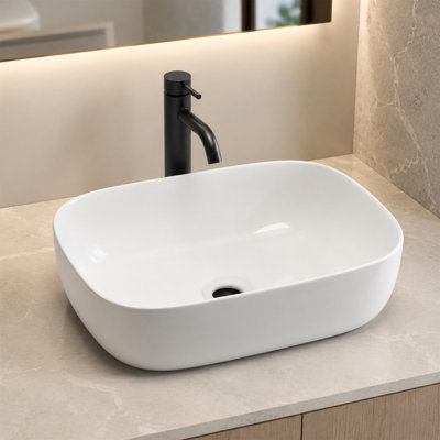 Oval Ceramic Vessel Sink, Glossy White, Above-Counter