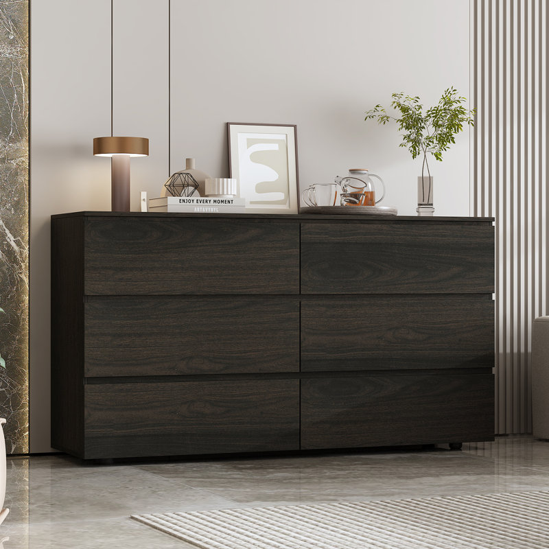 Dark Brown-Black Beveled Six-Drawer Dresser - Modern Storage With Silent Slide Rails & Ample Space