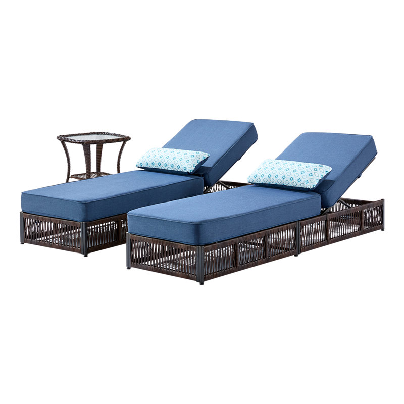 Mirari 3-Piece Outdoor Chaise Lounge Set With Side Table, All-Weather Wicker Patio Recliners With 5" Thick Cushions, Blue
