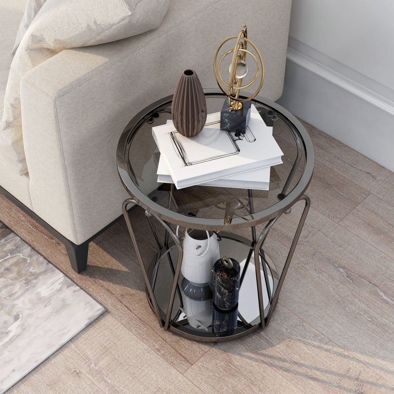 Table de bout ronde en verre Renea, Gris, Noir