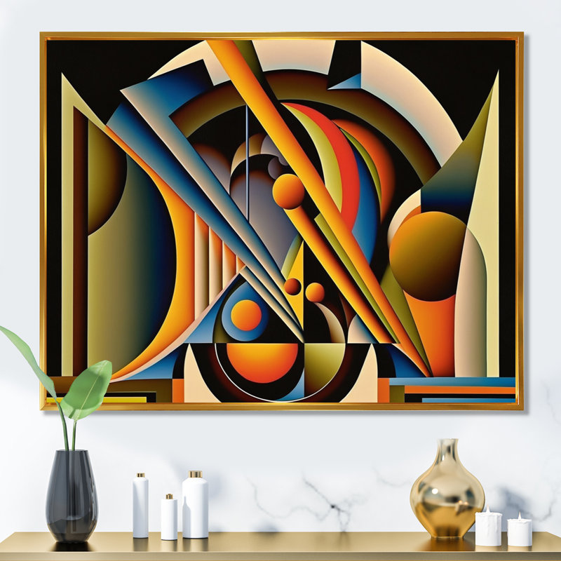 Circular Retro Dynamics I - Art mural encadré abstrait géométrique, L 40 po x H 30 po, Cadre flottant doré