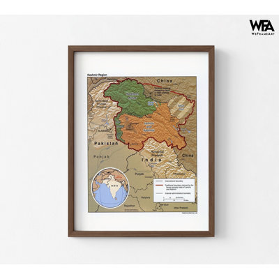 Cachemire-Inde, carte de la ville indienne, carte de l'Inde encadrée, carte colorée du Cachemire, carte de l'Asie du Sud, affiche, art de classe de géographie murale