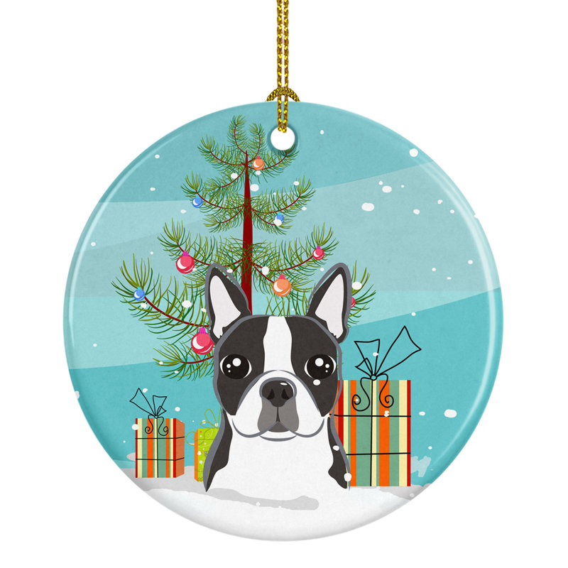 Ornement en céramique pour fêtes gascon saintongeois, Boston terrier gris foncé