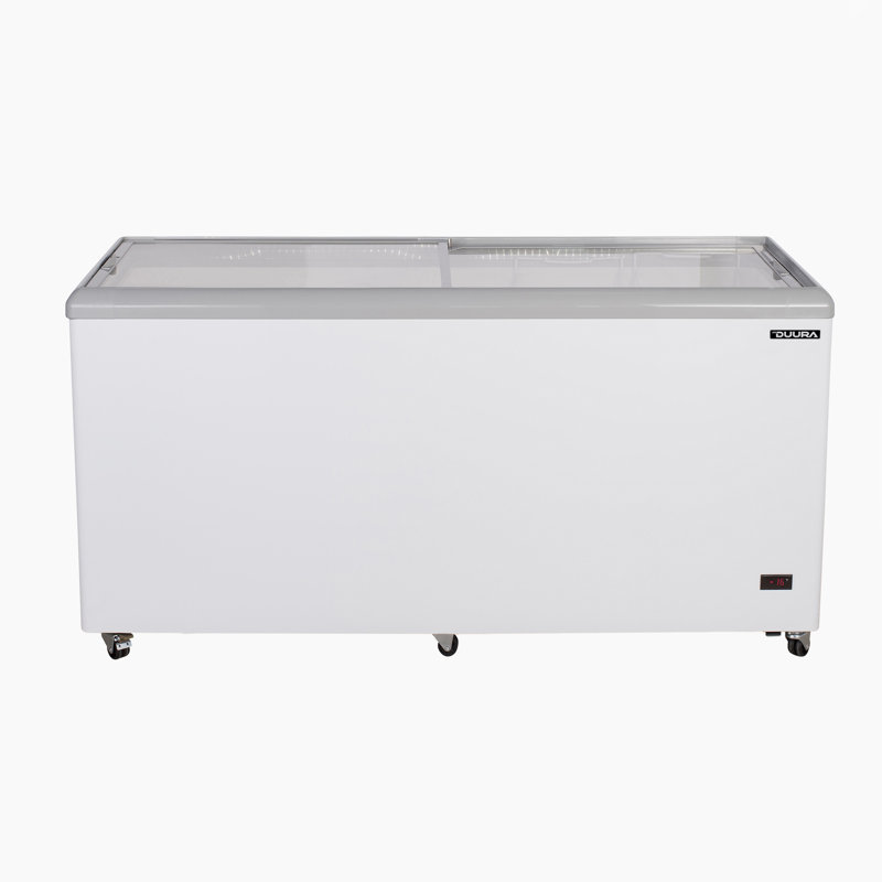 Congélateur de coffre mobile commercial Duura pour crèmes glacées, température inférieure à zéro, couvercle en verre plat sans givre, paniers métalliques, 132 cm de large x 36 cm de profondeur, 311 litres, blanc