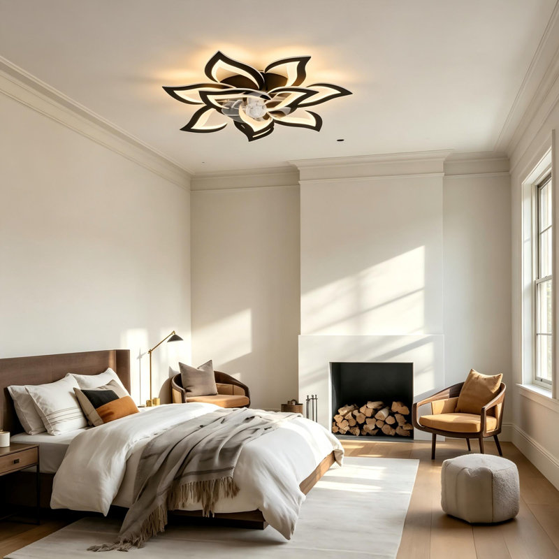 Ventilateur de plafond encastré moderne en forme de fleur 32 po noir et blanc, 32 po de largeur