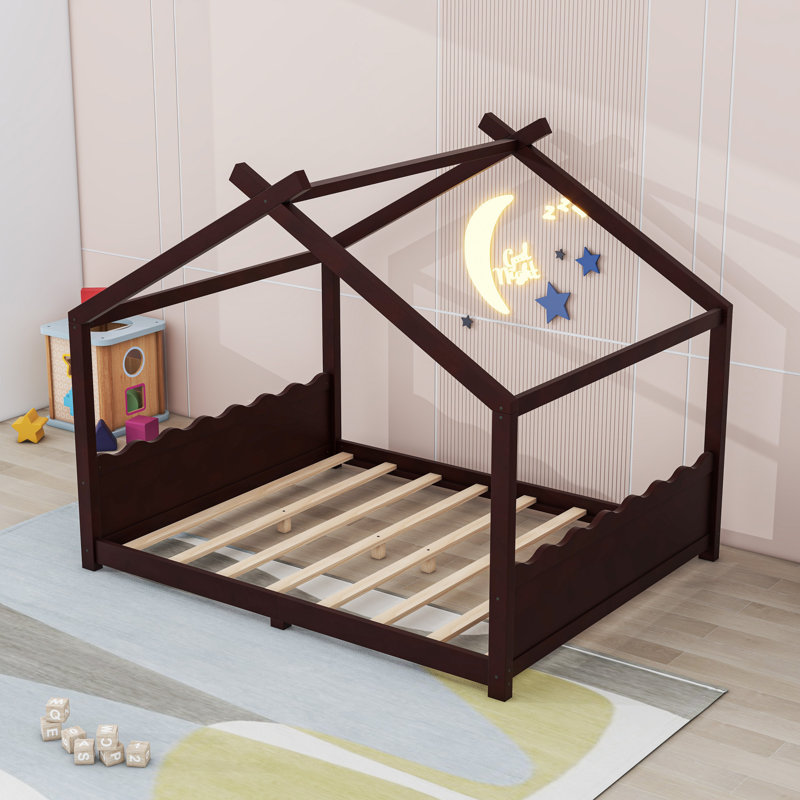 Montessori House Floor Bed with Center Support Legs, Low‑Profile Safe Design, Natural, Full