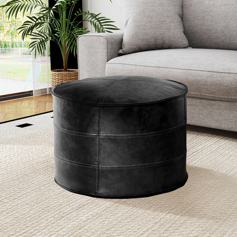 OEKO-TEX® STANDARD 100 Upholstered Footrest Pouf Full-Grain Genuine Leather Round Ottoman, Black