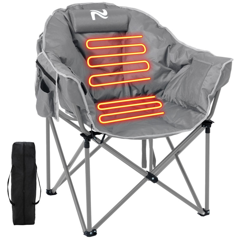 Chaise de camping chauffée surdimensionnée portative avec coussin, siège pliable chauffant pouvant supporter 500 lb, Gris