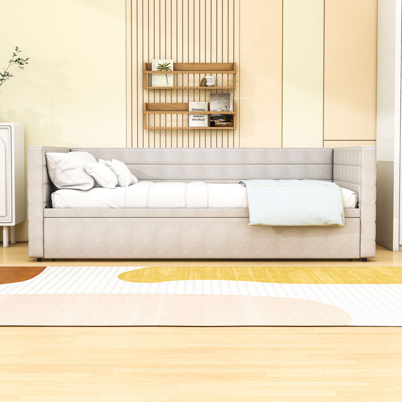 Lit de jour simple en chenille rembourré avec lit gigogne simple, Beige