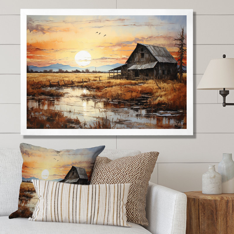 Paysage de grange au crépuscule I - impression, H 12 po x l 20 po x P 1 po, Cadre photo blanc