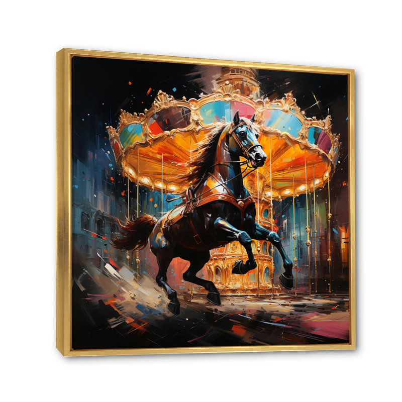 Carrousel Horses II - reproduction sur toile, Cadre flottant doré, H 16 po x l 16 po x P 1 po