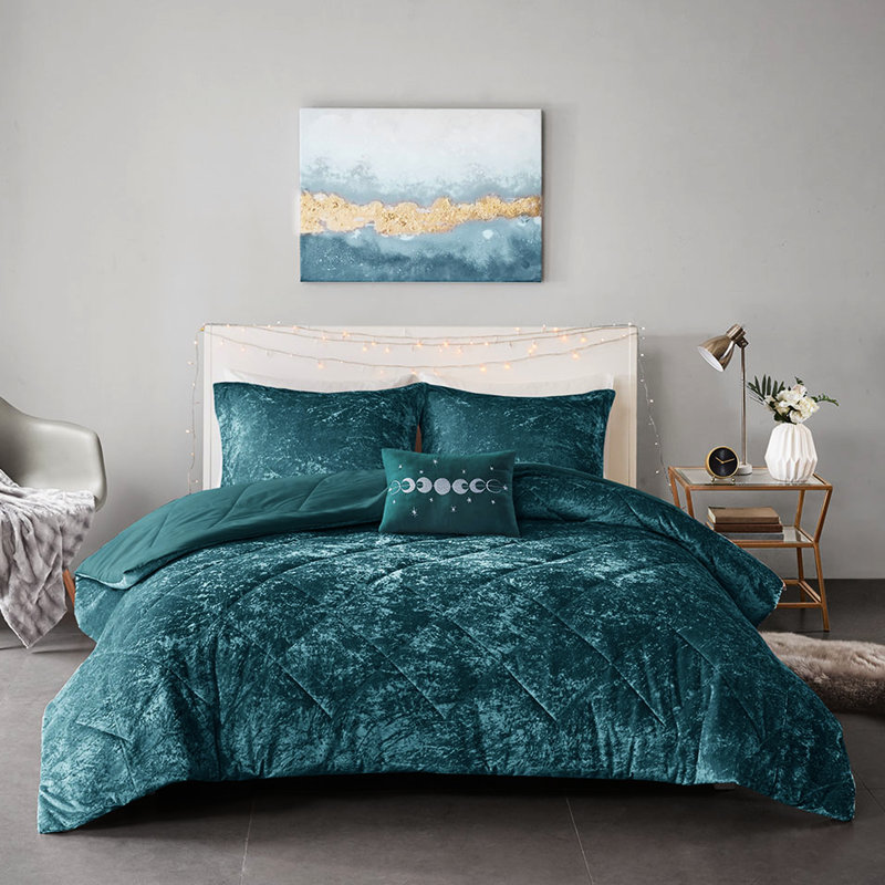 Teal Velvet Comforter For Twin/twin Xl - Diamond With Decorative Pillow Machine Washable, Steam Iron Contemporary Style With