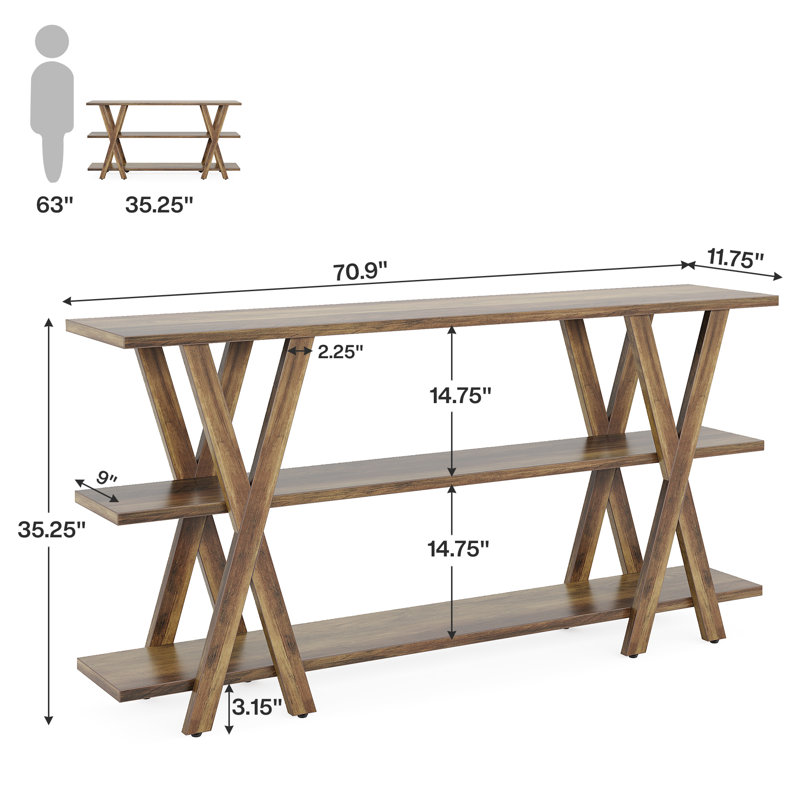 Aranda 70'' Console Table with 3 Open Storage Shelves X Shaped Legs