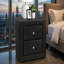 Table de chevet, table de chevet, bout, côté, lampe, tiroir de rangement, chambre à coucher, revêtement, aspect cuir noir, transitionnel