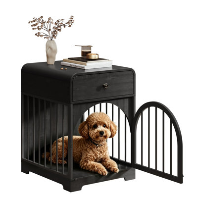 Wooden Dog Crate End Table with Storage Drawer, Dual Lock Arched Door Decorative Dog Kennel Furniture for Small Dogs, Natural Oak