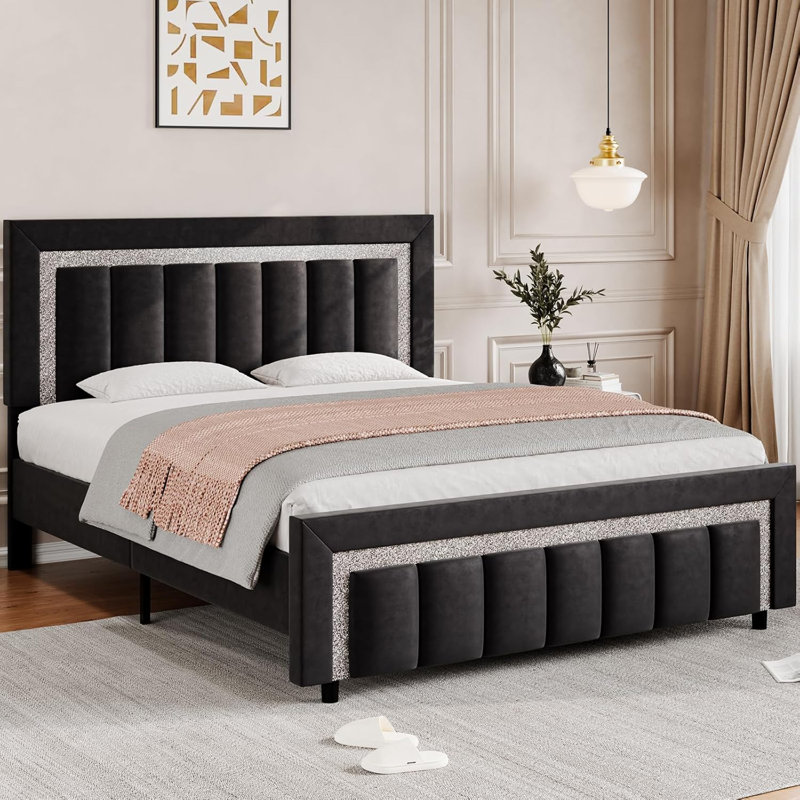 Full Black Velvet Upholstered Bed Frame with Diamond Tufted Headboard