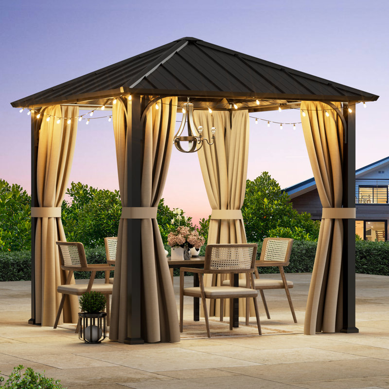 Rowan 8' X 8' Steel Outdoor Patio Hard Top Single Roof Gazebo With Privacy Curtains