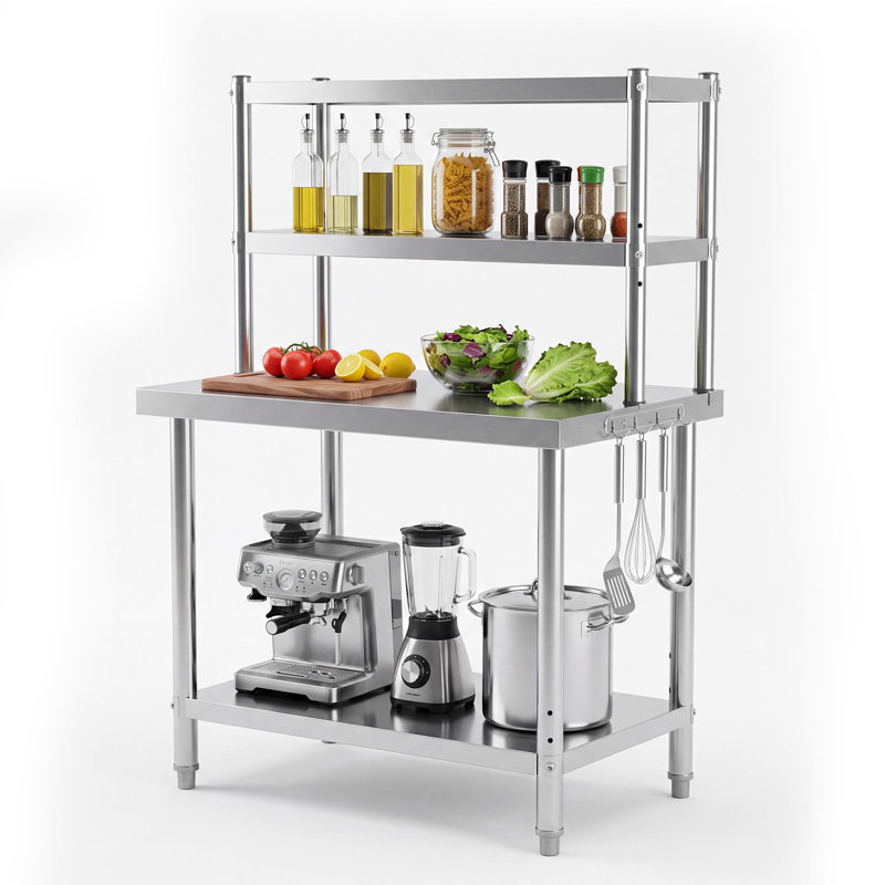 Table de travail commerciale en acier inoxydable avec tablette de 12 po, étagère de cuisine robuste avec double tablettes de rangement et crochets, table 30 x 24 po pour atelier de garage