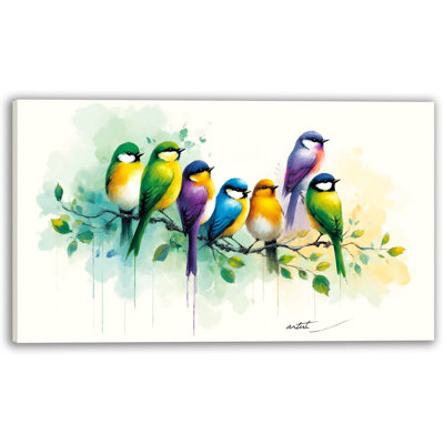 «Vibrant Birds on Branch», art mural sur toile
