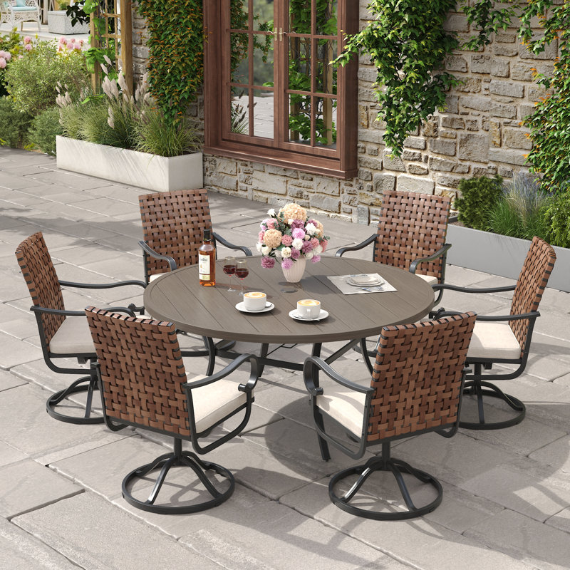 Ensemble repas d'extérieur pour 6 personnes avec chaise pivotante en osier, Gris gris