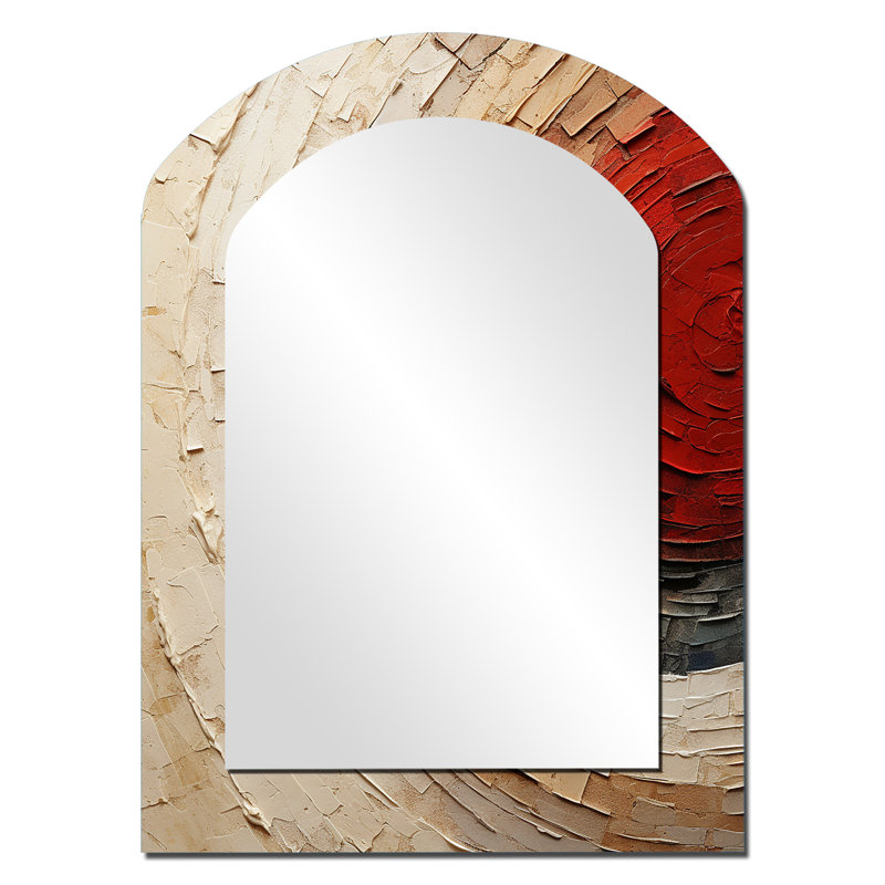 «Beige Red Spiral Poteries I», miroir mural asymétrique décoratif à spirales abstraites, 34 po x 25 po