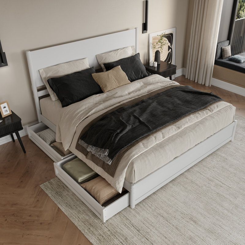 Lit plateforme en bois avec pied de lit et tiroirs de rangement Ronan, Blanc, Très grand lit