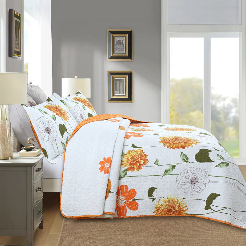 King Size Reversible Cotton Floral Quilt Bedspread Set