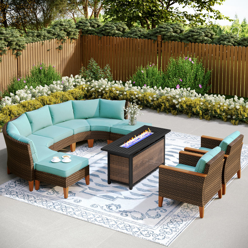 Argyri Wicker Outdoor Patio Conversation Furniture Sectional Set with Fire Pit Table, Blue, Yes