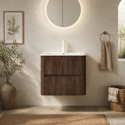 Meuble-lavabo 24 po avec lavabo, armoire de rangement murale en contreplaqué flottant avec 2 tiroirs en céramique, sans robinet, pré-assemblé