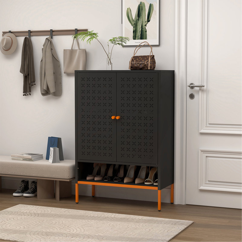 Armoire à chaussures à double porte avec trois compartiments réglables, armoire de salon, Black