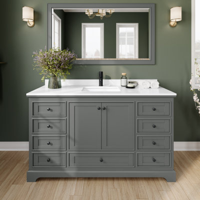 Deborah 60 Inch Single Bathroom Vanity in Dark Gray, White Cultured Marble Countertop, Undermount Square Sink (3-Hole), Matte Black Trim