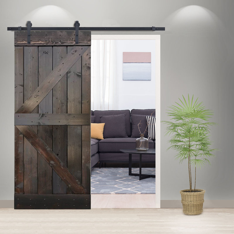 Panelled Wood Barn Door with Installation Hardware Kit, Dark Coffee, 36" x 84"