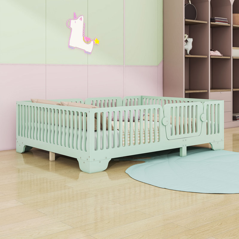 Wood Floor Bed With Fence And Doors, Full, Mint Green