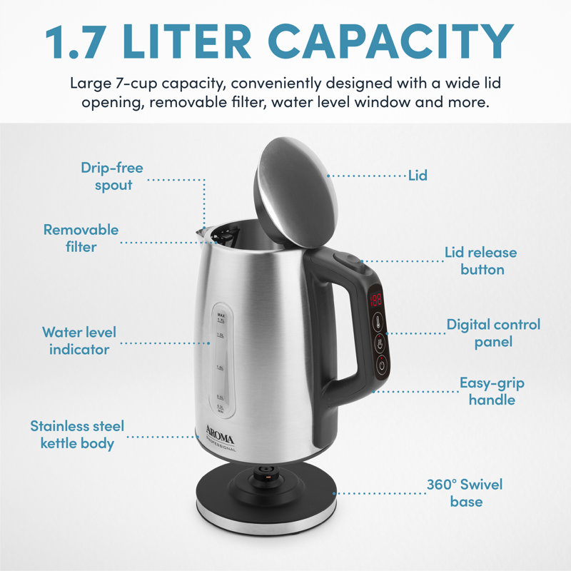 Aroma Professional 1.7L Stainless Steel Digital Electric Kettle