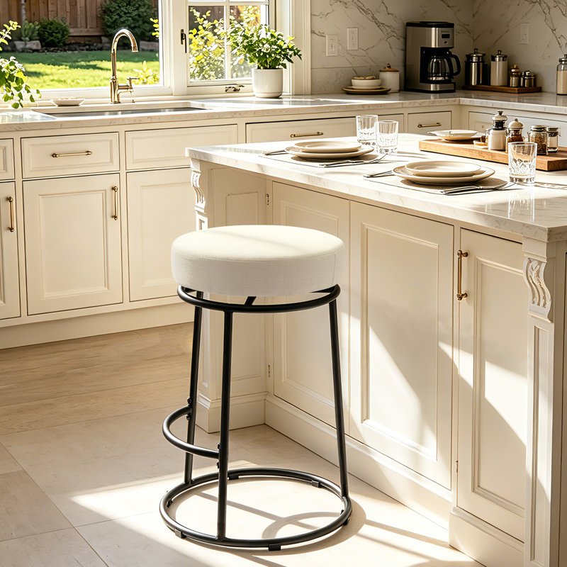 Tabouret de bar pivotant sans dossier moderne, tabouret de bar rond rembourré en lin mélangé avec structure en métal, Beige