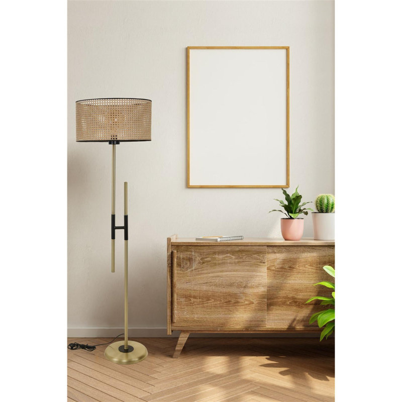 Luro Elegant Floor Lamp with Metal Body, Wicker Color, 64.9 in Height | Chrome Coating & Fabric Cap | E27 Socket, Max 60W | Durable Electrostatic Oven Dried Finish | Perfect for Living Room & Bedroom Decor