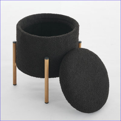 Repose-pieds: rangement rond moderne pliable avec tissu en peluche, base en métal pour salon / chambre à coucher | Grain de bois brun noyer | Noir