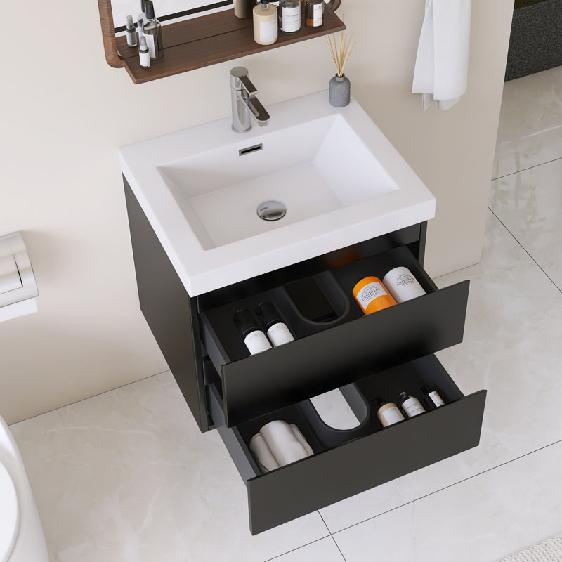 Meuble-lavabo mural simple avec plateau en résine intégré blanc, Noir, 24"
