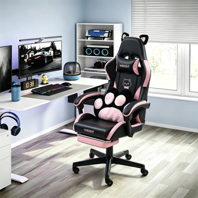 Fauteuil de jeu noir pour chat mignon avec oreilles de chat amovibles et coussin lombaire à pattes, fauteuil de jeu inclinable en cuir de polyuréthane 90 ° -155 ° pour les filles