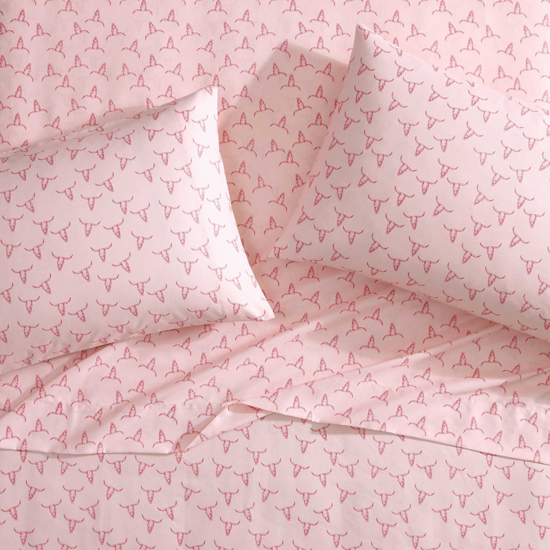 Pink Steer Skulls Print Queen Microfiber Sheet Set
