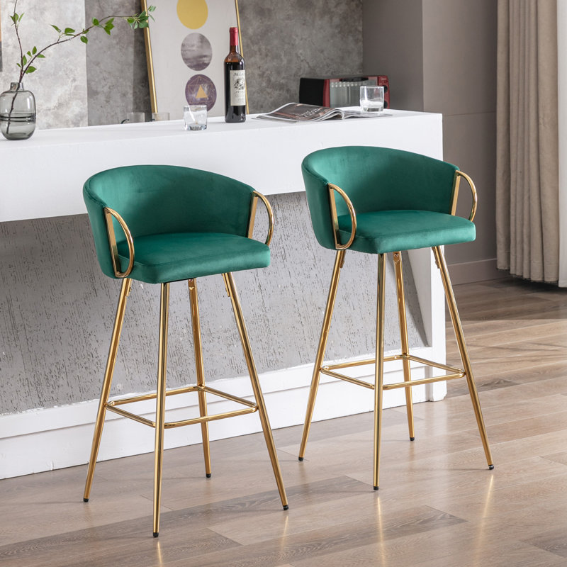 Tabourets de bar 30 pouces en velours avec repose-pieds chromé et pieds dorés, ensemble de 2, Green