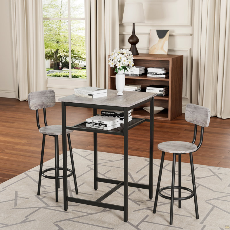 Table de bar, équipée de 2 tabourets de bar, avec dossier et cloison, Noir, Gris