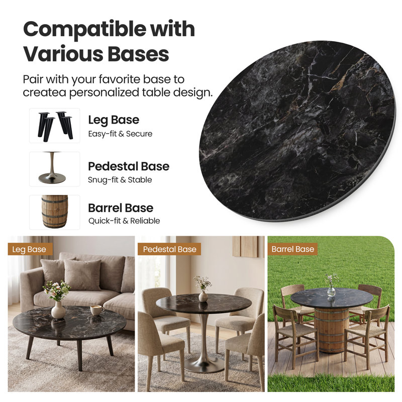 Plateau de table rond en pierre frittée noire brillante – Plateau de remplacement à monter soi-même pour salle à manger familiale, cuisine, location, rénovation de maison, patio, camping et bricolage extérieur