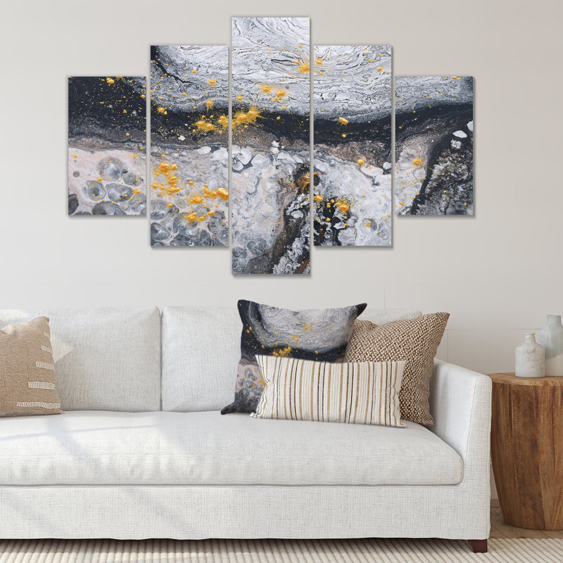 Vague d'art or noir et marbre blanc - impression sur toile tendue 5 pièces