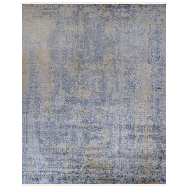 Tapis rectangulaire en laine / viscose noué à la main gris / jaune / bleu, Rectangle 8 pi x 10 pi