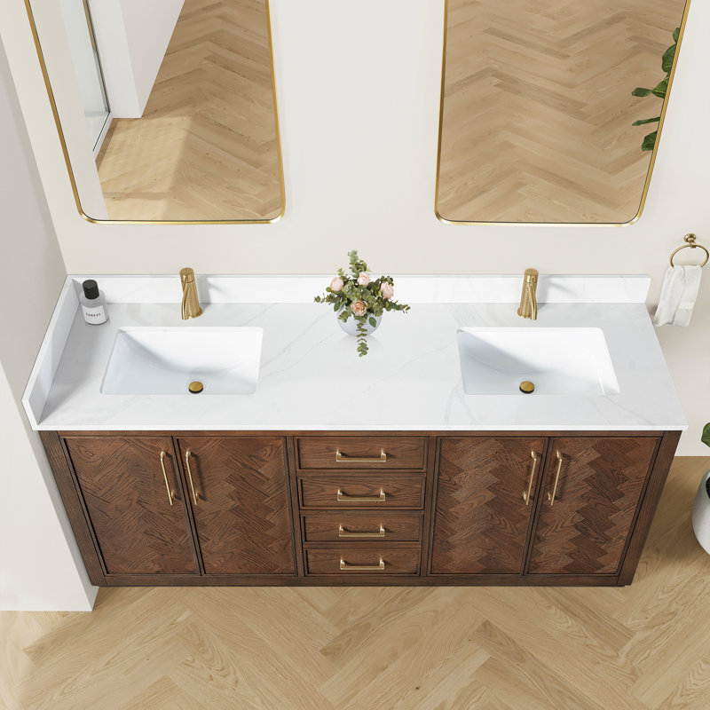 Meuble-lavabo double de 72 po avec plateau en pierre de quartz blanc Jakarta, Chêne brun foncé vieilli, Or brossé
