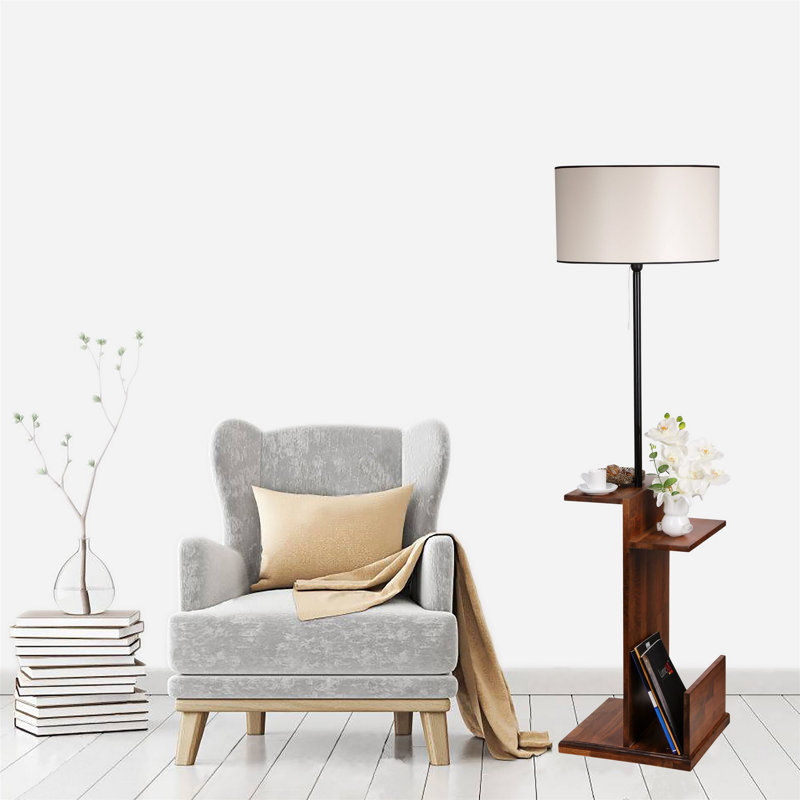 Lampe sur pied scandinave avec structure en métal et tablettes en bois, hauteur de 67,0 pouces | Design noir et crème, diamètre du capuchon de 17,3 pouces, interrupteur marche / arrêt | Éclairage élégant pour les salons et les chambres à coucher modernes, douille E27 de 40 W maximum