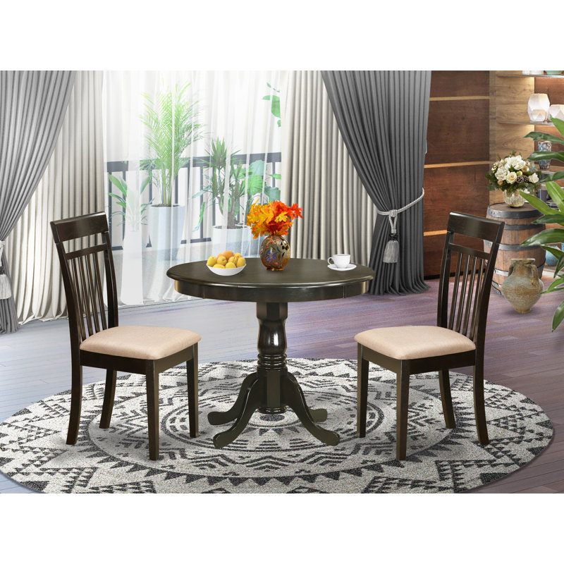 Ensemble de table de cuisine 3 pièces pour petits espaces comprenant une table ronde avec piédestal et 2 chaises de salle à manger en lin, cappuccino