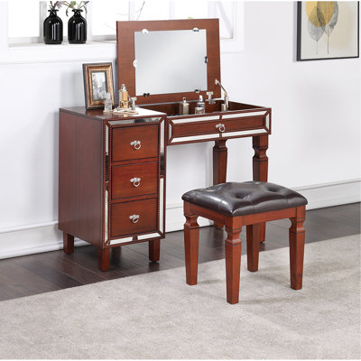 Traditional Bedroom Vanity W/ Stool - Cherry Finish, Spacious Storage Compartments, Soft Cushion, + Poplar Veneer, Rubber Wood Pine &